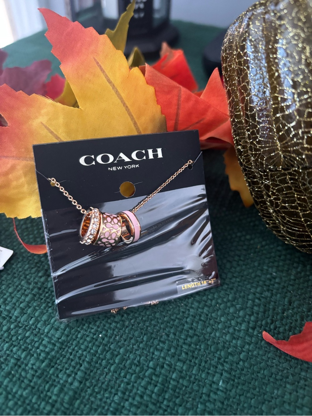 COACH Rose Gold Tone Necklace with Pink Enamel Ring Charms